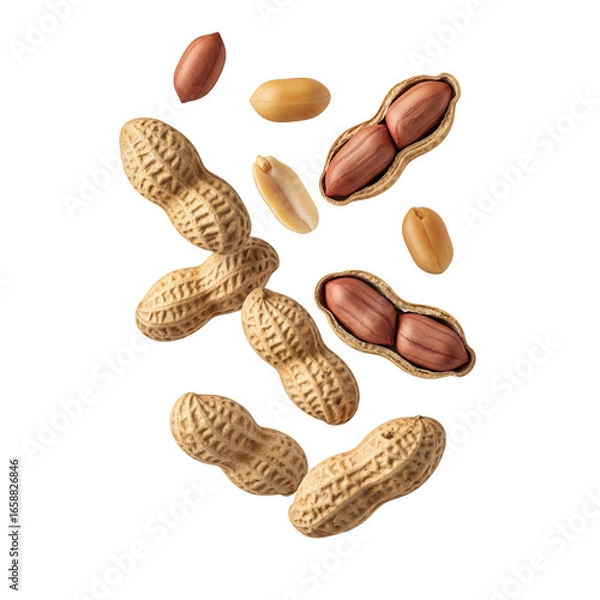 Fototapeta Falling Peanuts, Whole and Shelled, Isolated on a transparent Background