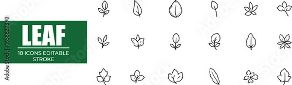 Fototapeta A collection of eighteen leaf icons in black outline with varying shapes and sizes on a white background