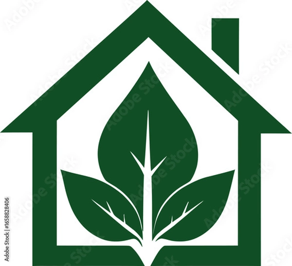 Fototapeta A green house outline with a chimney and a large green leaf inside the house outline on a white background