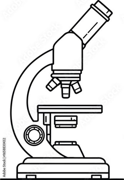 Fototapeta Line drawing of a microscope with base, stage, objectives, and eyepiece on a white background