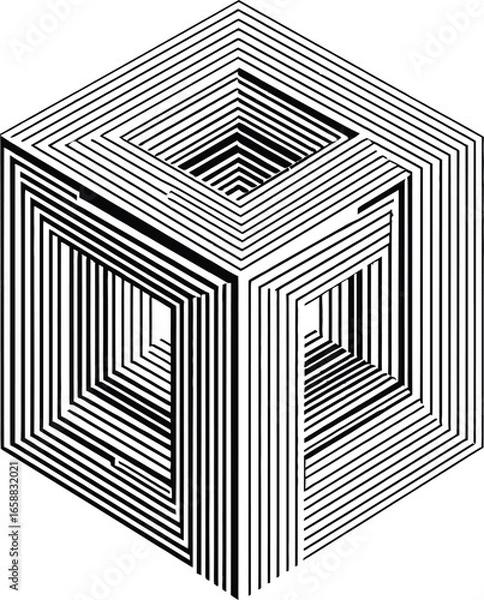 Fototapeta Isometric cube illusion with nested squares formed by black and white parallel lines on a white background