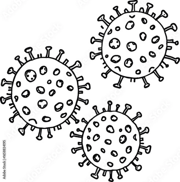 Fototapeta Three black and white cartoon drawings of viruses with spiky protrusions and circular patterns on a white background