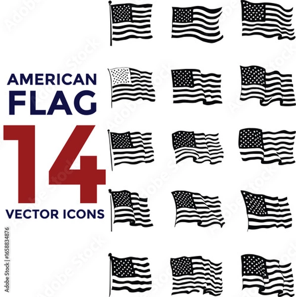 Fototapeta Collection of fourteen vector icons featuring american flags in various waving positions and styles