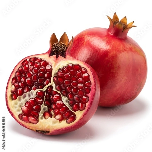 Obraz Fresh Pomegranates on White Background One Cut Open Showing Arils Bright Red and Juicy Seeds Whole Fruit Beside It