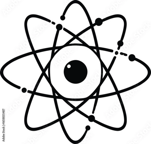 Fototapeta A black and white drawing of an atom with an eye in the center of the atomic structure design