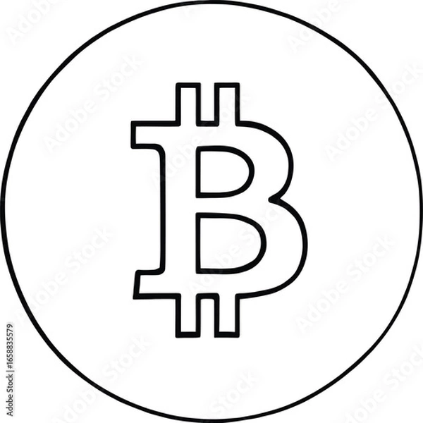 Fototapeta A simple black and white line drawing of a bitcoin symbol inside of a circle on a white background