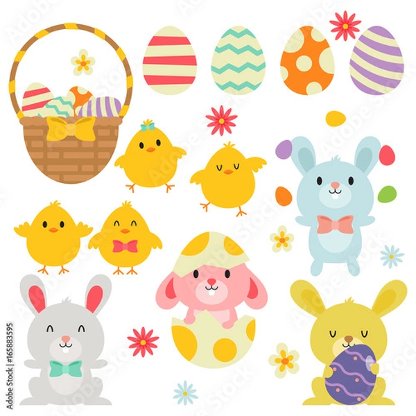 Obraz Easter Egg Basket Bunnies Chicks In White Background
