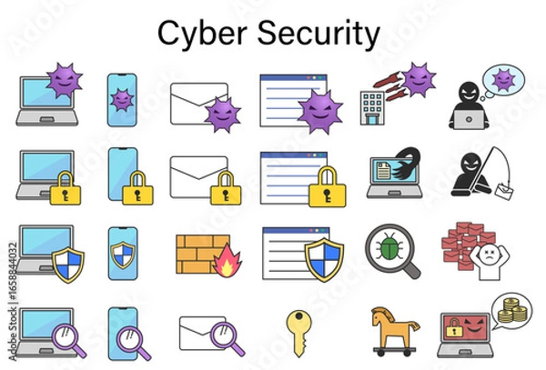 Obraz サイバーセキュリティ、サイバー攻撃、情報セキュリティに関するイラスト素材セット