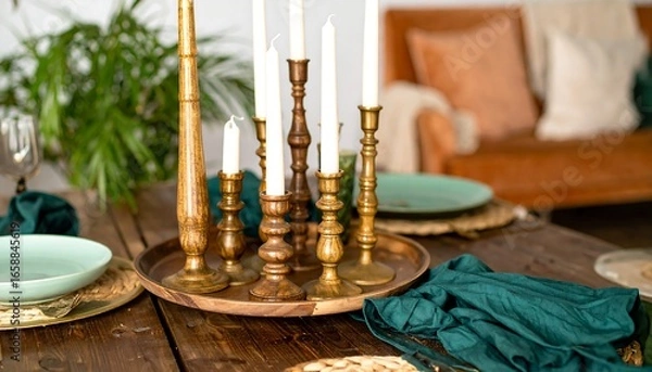 Fototapeta Wooden candle holders on a table setting