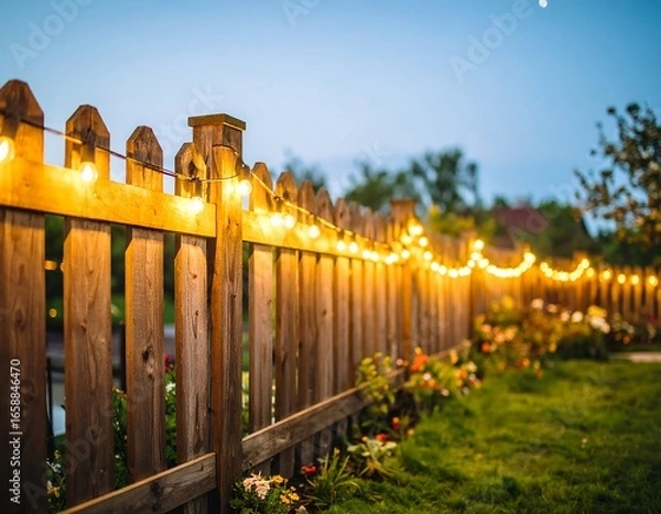 Fototapeta Wooden fence, string lights, garden