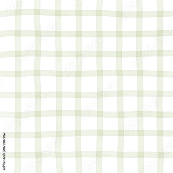 Fototapeta Sage Green White Plaid Gingham Madras Check Hand Drawn Background Pattern Overlay