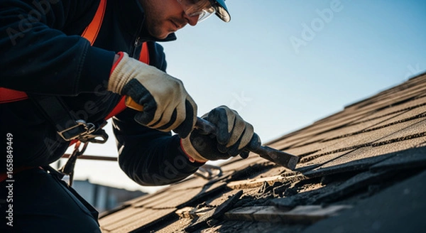 Fototapeta A professional roofer wearing a hard hat, safety glasses, and a harness is shown using a chisel to remove old shingles. The image focuses on the worker's face and hands