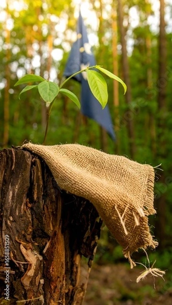 Fototapeta Young plant on tree stump, draped with fabric, forest background