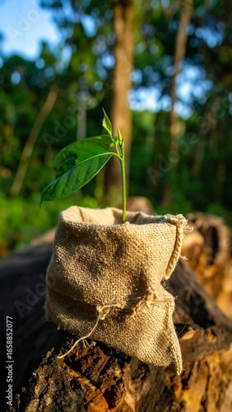Fototapeta Young sprout in burlap sack on log