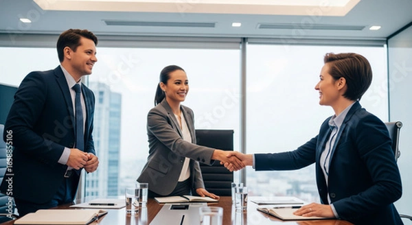 Fototapeta A professional business handshake between a woman and her colleague is taking place across a conference table, with a male colleague standing nearby