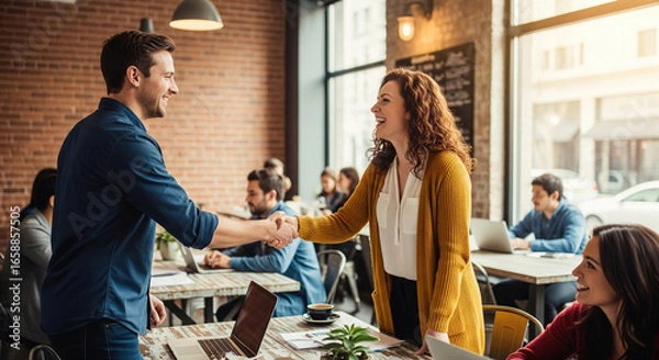 Fototapeta A positive and professional business handshake takes place between a male and female colleague in a busy, modern cafe environment. The man, dressed in a blue shirt, and the woman