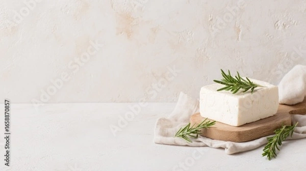 Fototapeta Fresh block of tofu with rosemary on a wooden cutting board  