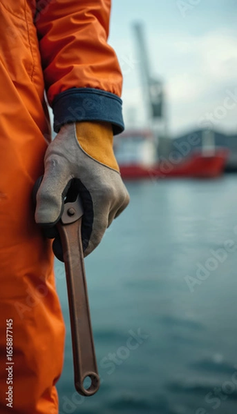 Fototapeta Gloved hand grips wrench against blurred harbor backdrop. Person wears orange work attire, emphasizing maritime industry, shipbuilding, maintenance roles. Focus on skilled labor, engineering