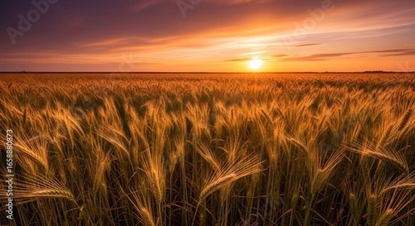 Fototapeta Golden Wheat Field Under Dramatic Sunset Sky