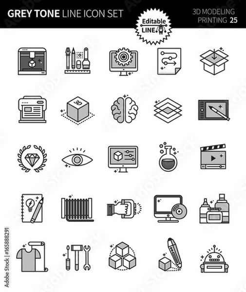 Obraz Modern grey tone thin line icons set of 3d modeling  printing . Premium quality outline symbol set. Simple linear pictogram pack. Editable line series
