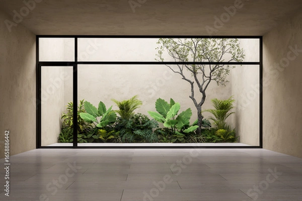 Fototapeta Empty loft room with small garden background 3d render