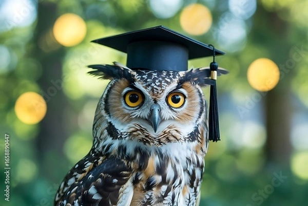 Fototapeta A close up of an owl wearing a graduation cap with a blurred background and bokeh lights visible