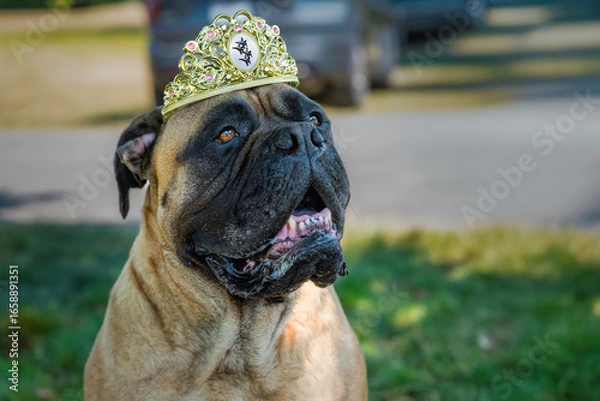 Fototapeta 2025-08-01 A LARGE BULLMASTIFF SITTING AND WEARING A TIARA LOOKING SLIGHTLY UP WITH BRIGHT EYES AND A BLURRED BACKGROUND