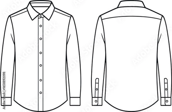 Fototapeta An outline drawing of a long-sleeve shirt featuring both front and back views. The design includes a button-up front and a classic collar, with cuffs