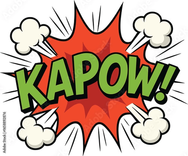 Fototapeta A vivid 'KAPOW' text bursts from the center with a bold red explosion backdrop. Green 3D letters create a striking contrast against the fiery