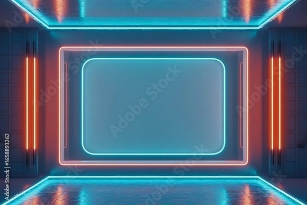 Fototapeta A futuristic room with neon lights outlining a rectangular screen and vertical light bars on walls