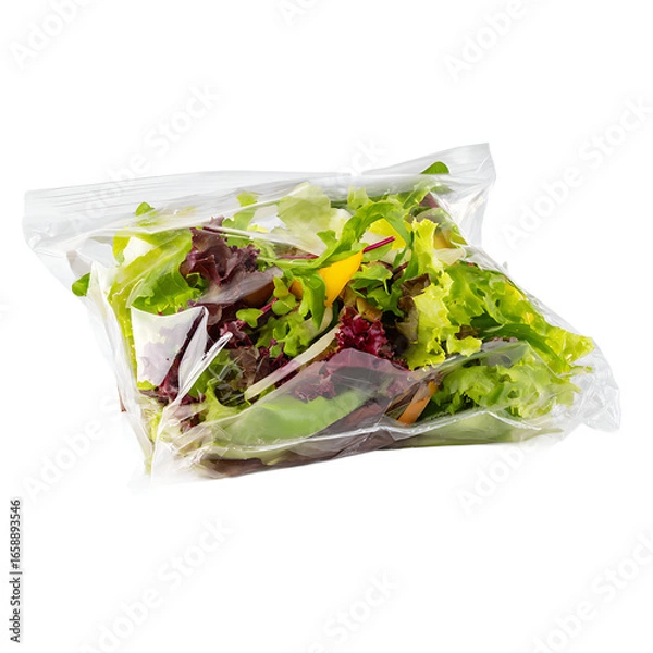 Fototapeta Prepackaged fresh salad mix convenient and healthy featuring vibrant greens and colorful vegetables sealed for freshness Ready to eat!