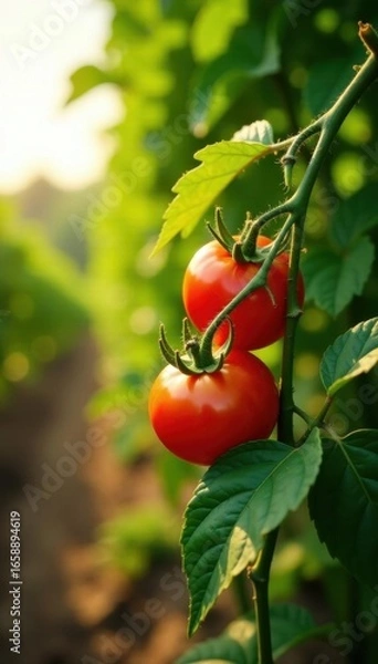 Fototapeta Sun-ripened tomatoes on vine, lush farm setting, produce, crop, farm