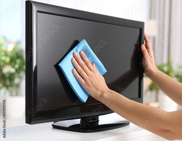 Obraz wiping down TV screen with microfiber cloth