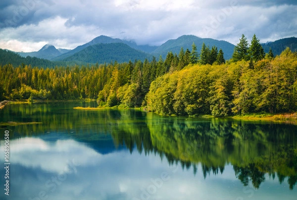 Fototapeta Still Water Reflections of Forested Shoreline and Snow-Capped Peaks at Baker Lake, Washington