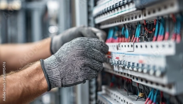 Fototapeta Electrician working on electrical panel (1)