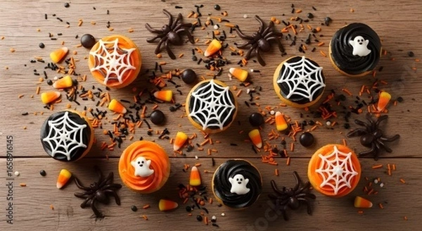 Fototapeta Halloween Cupcakes and Candy Flat Lay