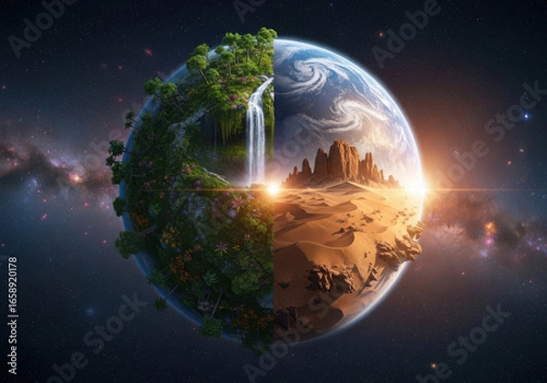 Fototapeta Half Lush Planet with Waterfall and Half Arid Desert in Space