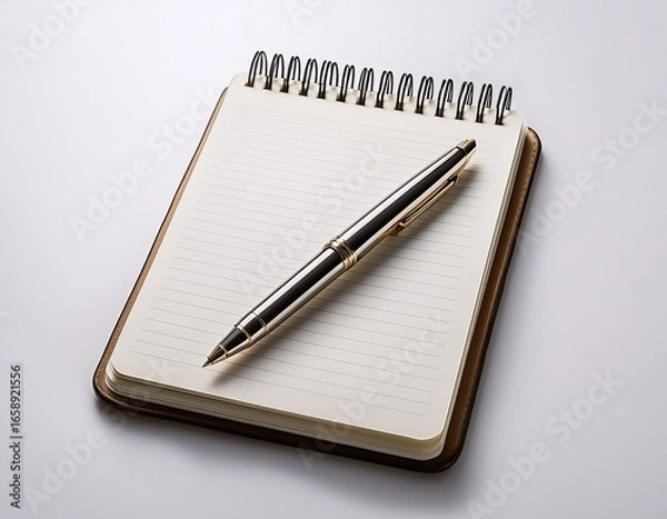 Fototapeta notepad with a pen resting on it white background
