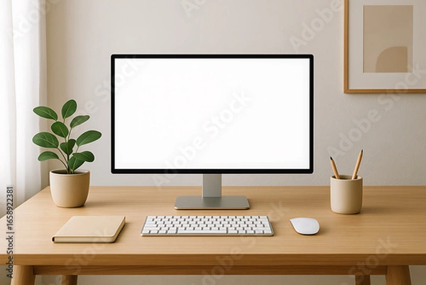 Fototapeta デスクトップパソコンと北欧風シンプル木製机