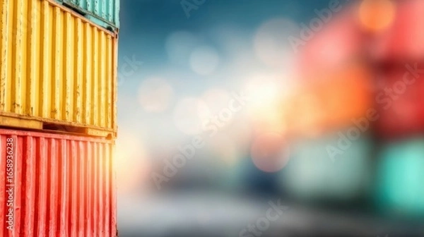Fototapeta Colorful shipping containers stacked at a busy port during twilight hours
