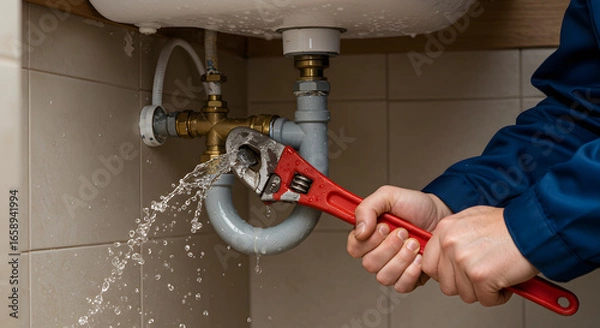 Obraz Plumber repairs leaking sink pipe with red adjustable wrench and water spray