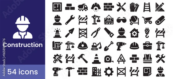 Fototapeta Construction icon set with vector glyph symbols for building, worker, engineer, and tool icons for industry, architecture, and professional engineering projects.

