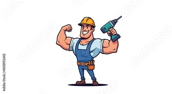 Fototapeta Confident builder flexing muscles, holding drill, and ready for construction