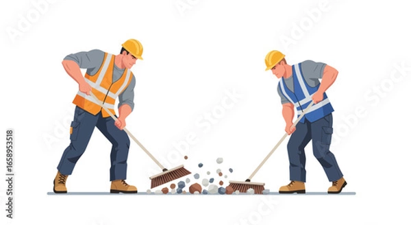 Fototapeta Construction workers tidying debris, symbolizing hard work and collaboration