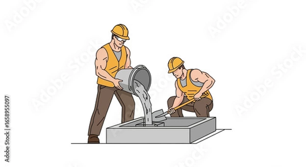 Fototapeta Skilled construction workers pouring concrete into a foundation formwork