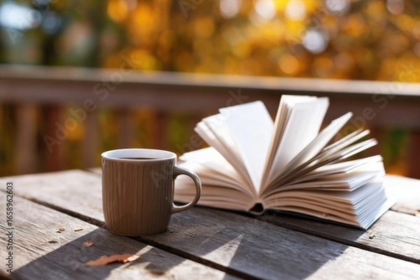 Fototapeta Open book and coffee cup resting on wooden table in autumn with blurred background of colorful trees
