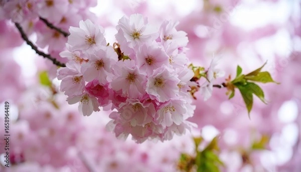 Obraz A close-up of delicate pink cherry blossoms, showcasing their soft petals and lush green leaves against a blurred background.