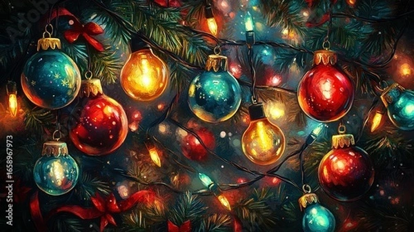 Fototapeta Christmas tree with colorful ornaments and lights creating a festive holiday atmosphere.