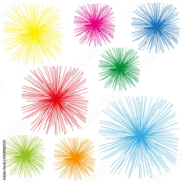 Fototapeta Vibrant spark elements. Colorful burst shapes. Dynamic glow Vector. White background illustration.