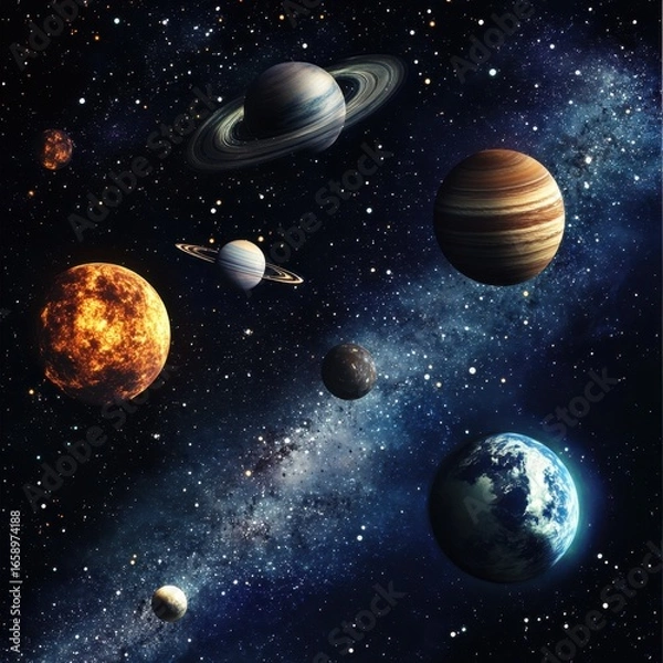 Fototapeta Cosmic Scene with Planets and Stars in a Vast Universe